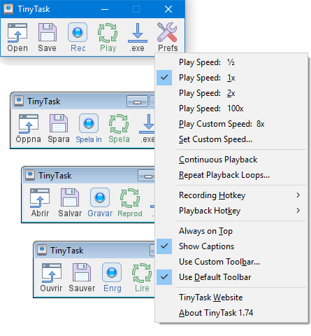 Version 1.77 interface stacked in multiple languages with expanded preferences panel