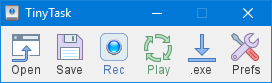 Live preview of TinyTask toolbar showing Open, Save, Record, Play, EXE compile, and Preferences controls